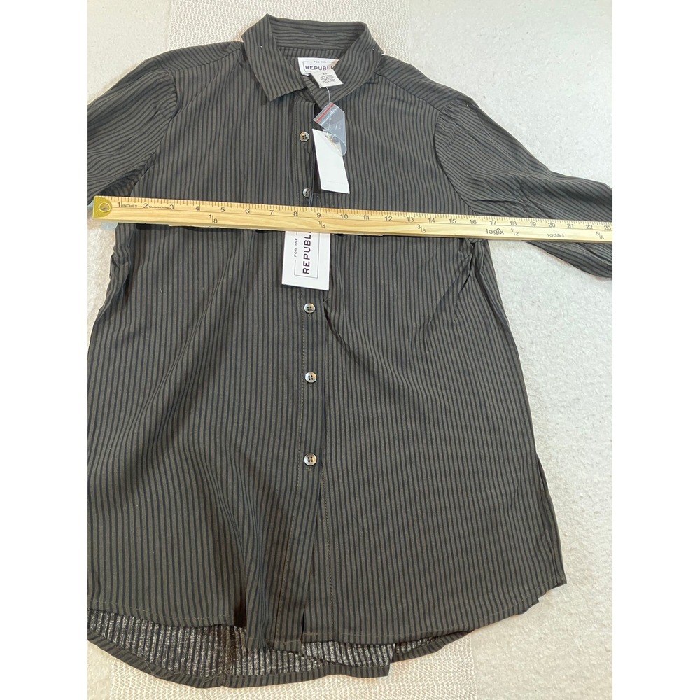 Republic NWT Woven Shirt Black Brown Stripe Button Down Long Sleeve Top XL NWT - Picture 6 of 7